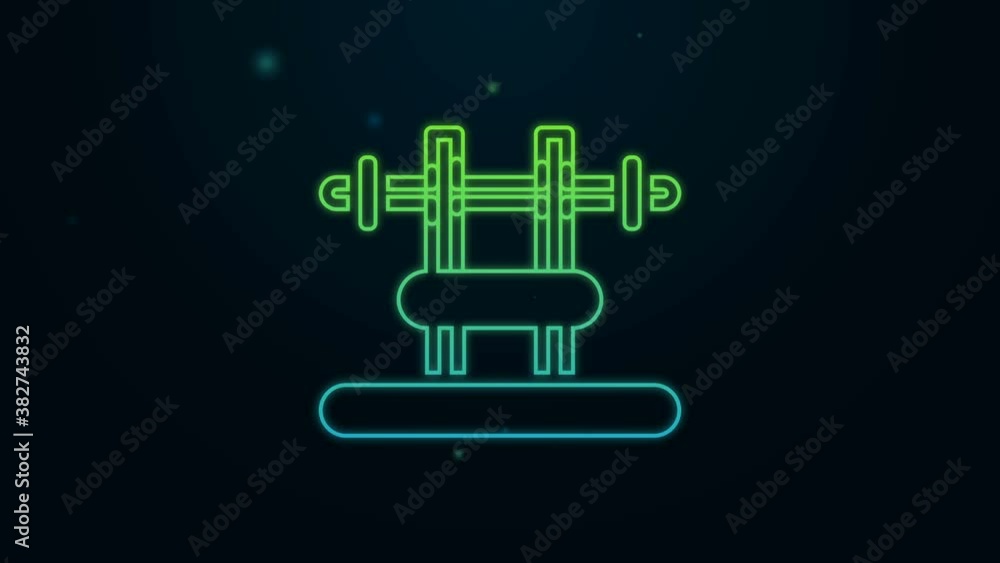 Glowing neon line Bench with barbel icon isolated on black background. Gym equipment. Bodybuilding, powerlifting, fitness concept. 4K Video motion graphic animation Glowing neon line Bench with barbel icon isolated on black background. Gym equipment. Bodybuilding, powerlifting, fitness concept. 4K Video motion graphic animation
