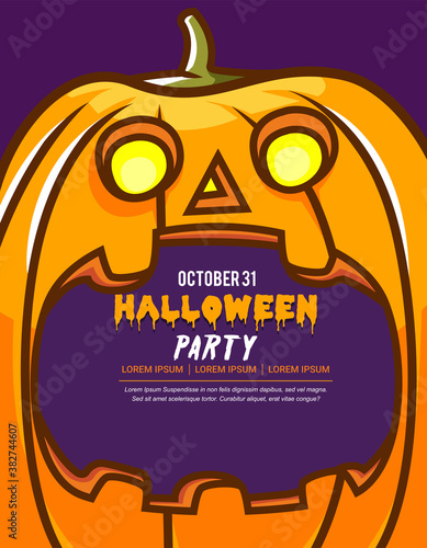 Halloween party invitation card or greeting card with big creepy pumpkin cartoon illustration, text space in the mouth of pumpkin