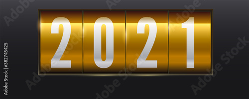New Year golden scoreboard. Numbers of 2021 on mechanical retro counter isolated on black background. Vector 3d illustration.