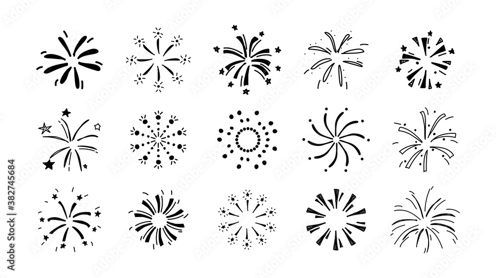 Set of black fireworks icons doodle drawing. Collection of scribble firecracker burst star. Sketch icons.Elements for decor celebration, New year, anniversary, festival, birthday. Vector illustration.