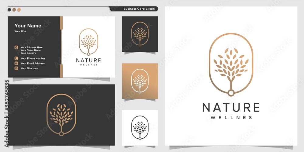 Nature logo with golden premium tree outline style and business card design template Premium Vector Nature logo with golden premium tree outline style and business card design template Premium Vector