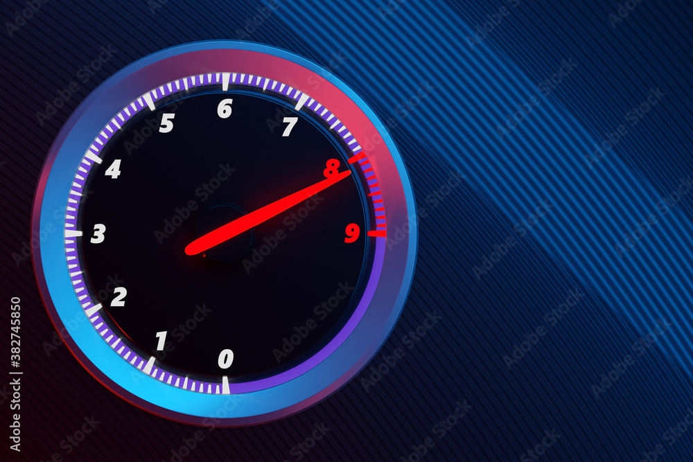 Fototapeta premium 3D illustration close up blue car panel, digital bright tachometer. Tachometer arrow shows maximum speed