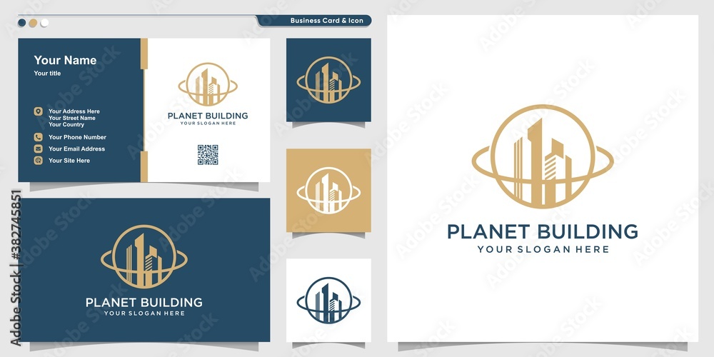Planet logo with building line art style and business card design template Premium Vector Planet logo with building line art style and business card design template Premium Vector