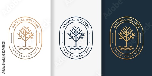 Natural logo with luxury golden tree style and business card design template Premium Vector
