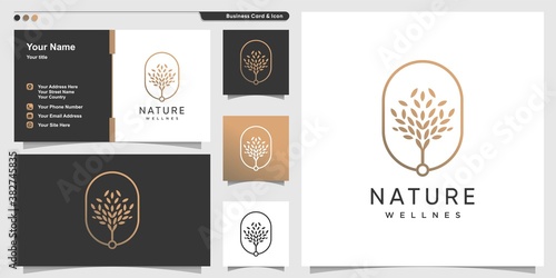 Nature logo with golden premium tree outline style and business card design template Premium Vector