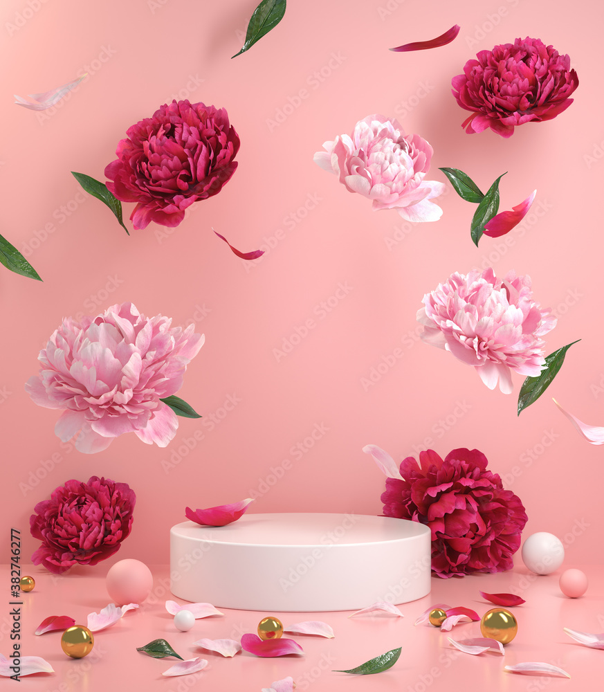 custom made wallpaper toronto digitalMockup Empty White Podium With Floral Peonies Flower Pink And Red Falling On The Floor With Pink Pastel Background 3d Render