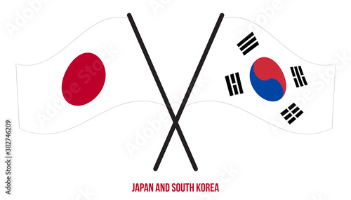 Japan and South Korea Flags Crossed And Waving Flat Style. Official Proportion. Correct Colors.