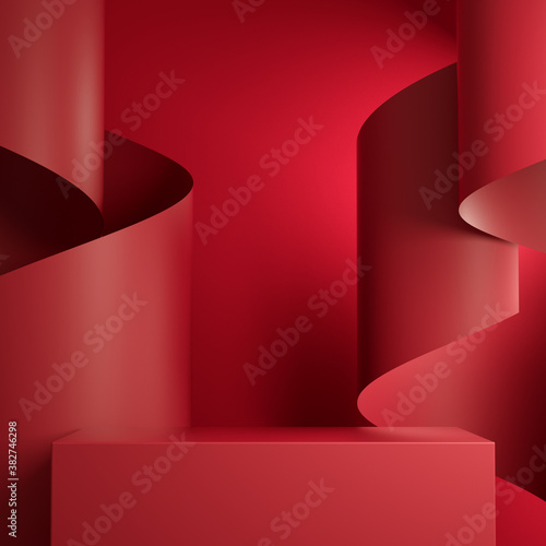 Wallpaper Mural Premium Minimal  Podium Red Retangle Box Stage With Red Paper Ribbon Curve Abstract Background Scene 3d Render Torontodigital.ca