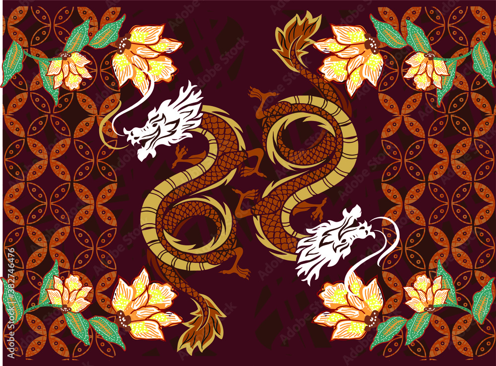 Chinese traditional dragon, with modern colors, very artistic and aesthetic background, batik, illustration, Vector, EPS 10