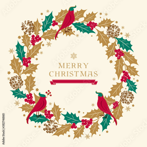 クリスマスリースのイラスト/ひいらぎのリース/ベージュ