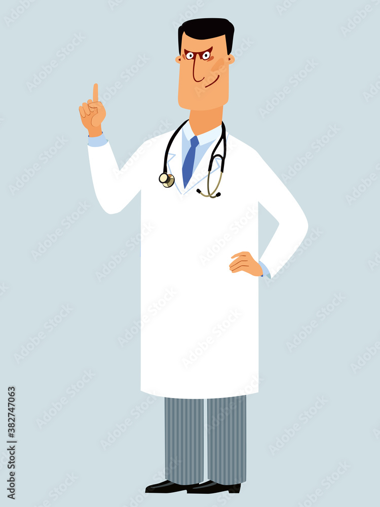 Cute character doctor. Cheerful cartoon medic in a dressing gown. Vector graphics