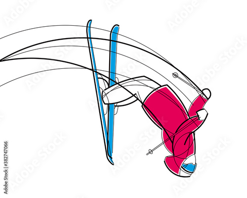 Freestyle skier flying upside down. Linear drawing. Vector stylish graphics