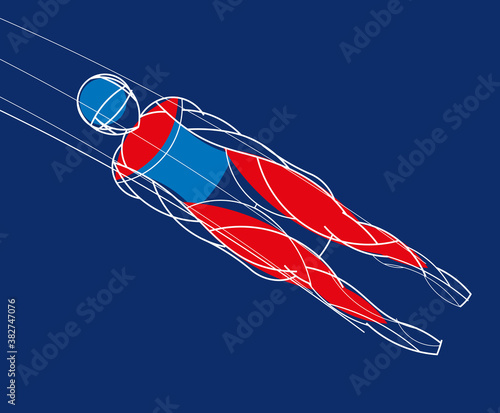 Luge athlete. Stylishly drawn linear athlete is rolling on a sled. Vector graphics