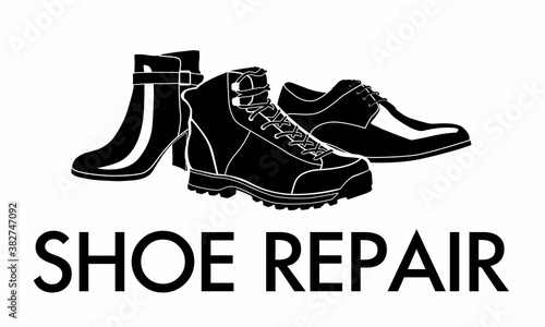 Shoe repair logo. Silhouettes of trekking boots, womens boots and classic shoes. Vector graphics