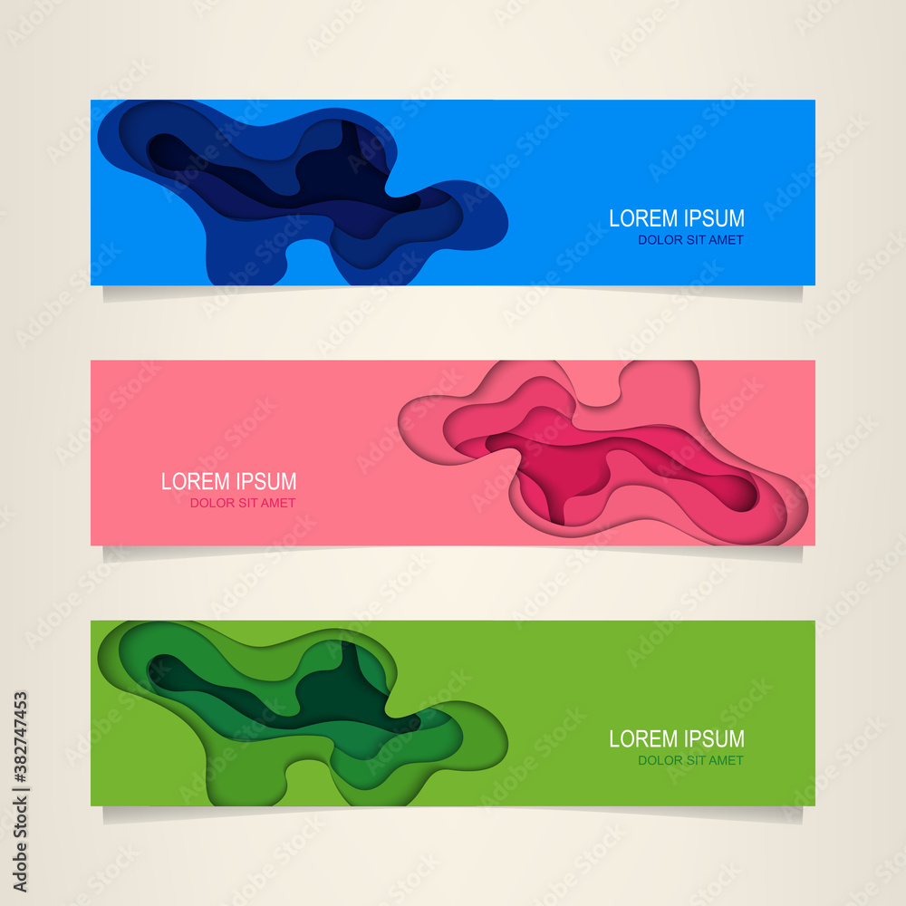 Horizontal banners with paper cut shapes. Modern vector design layout