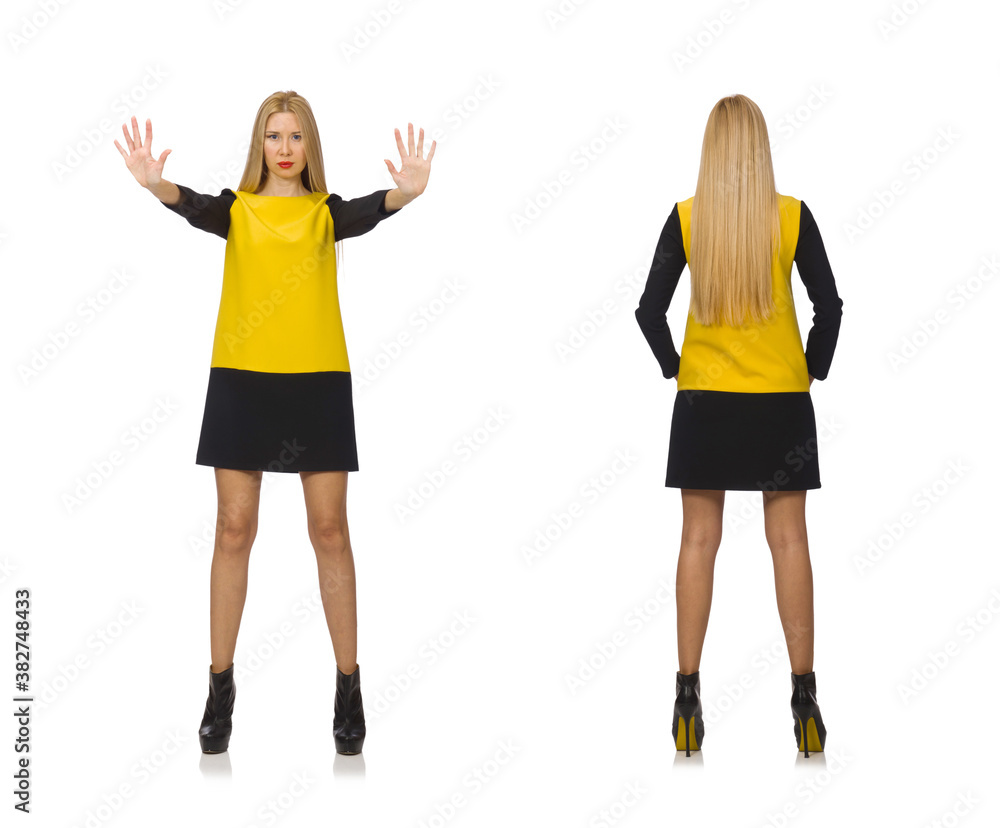 Blond hair girl in yellow and black clothing isolated on white