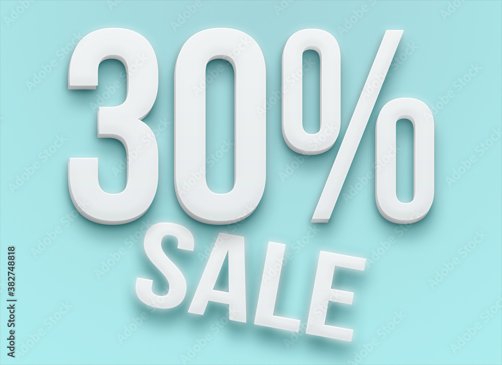 White 3d promotional label with 30% off on light blue background White 3d promotional label with 30% off on light blue background