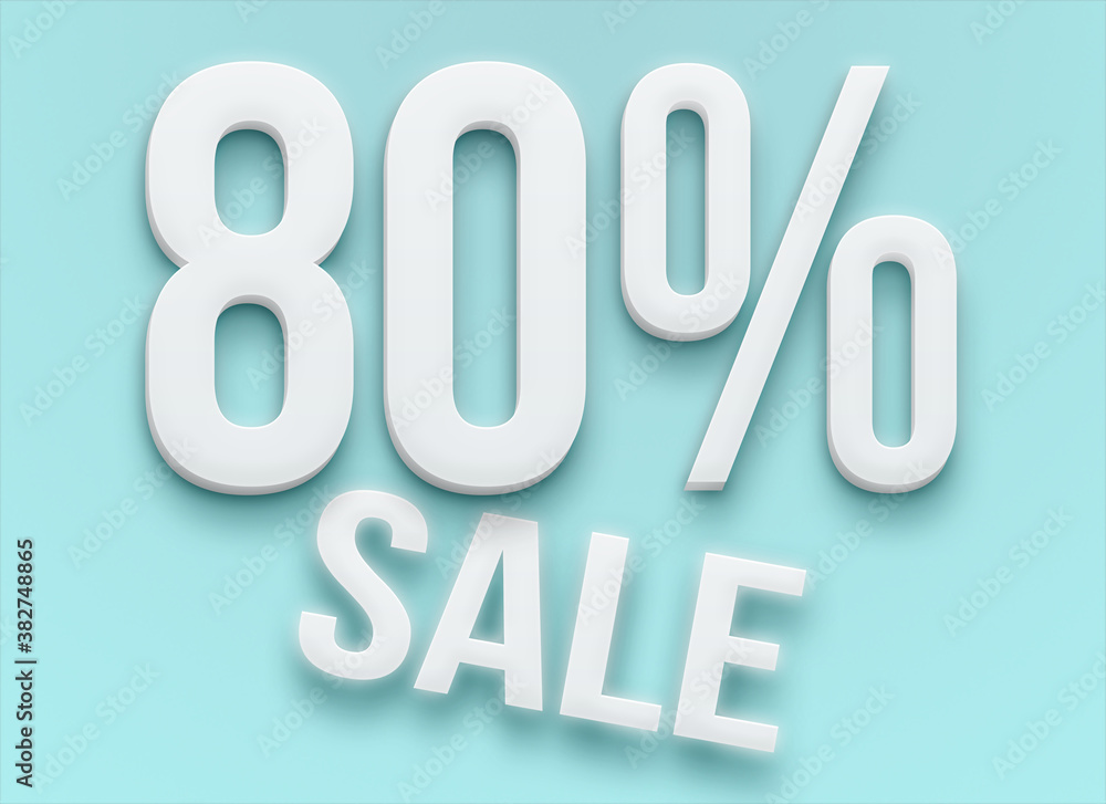 White 3d promotional label with 80% off on light blue background White 3d promotional label with 80% off on light blue background