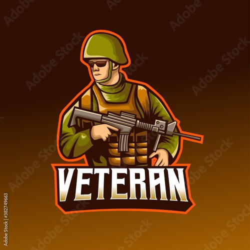 Veteran soldier holding sniper mascot logo design.