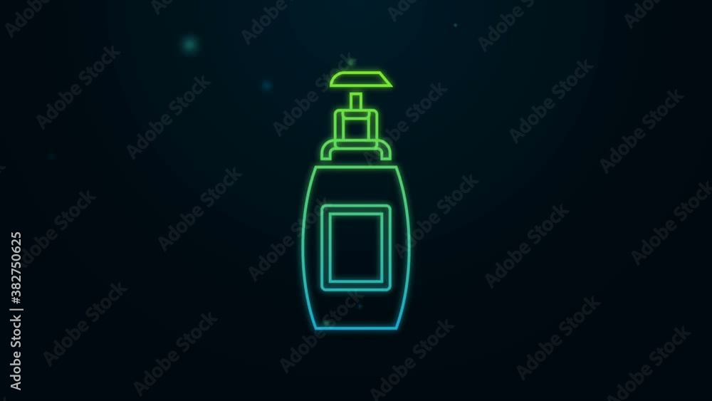 Glowing neon line Bottle of liquid antibacterial soap with dispenser icon isolated on black background. Antiseptic. Disinfection, hygiene, skin care. 4K Video motion graphic animation Glowing neon line Bottle of liquid antibacterial soap with dispenser icon isolated on black background. Antiseptic. Disinfection, hygiene, skin care. 4K Video motion graphic animation