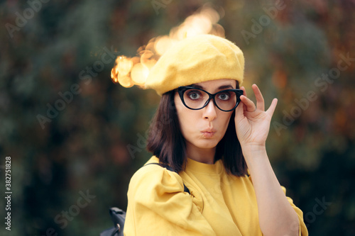 Curious Woman with Beret and Eyeglasses