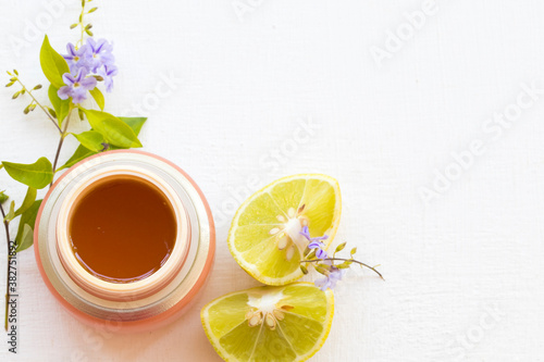 herbal aroma face mask extract vegetation honey lemon health care for skin face arrangement flat lay style on background white wooden