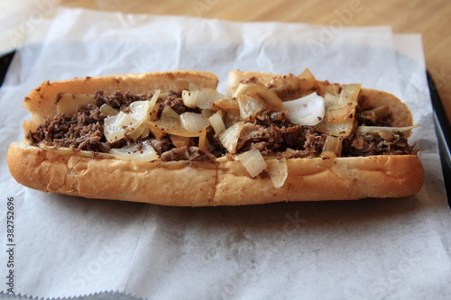 Close up of Philly cheese steak sandwich with meat and Onion from a local famous restaurant in Philadelphia  Pennsylvania, USA