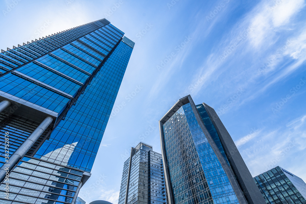 low angle view of skyscrapers in city of China.