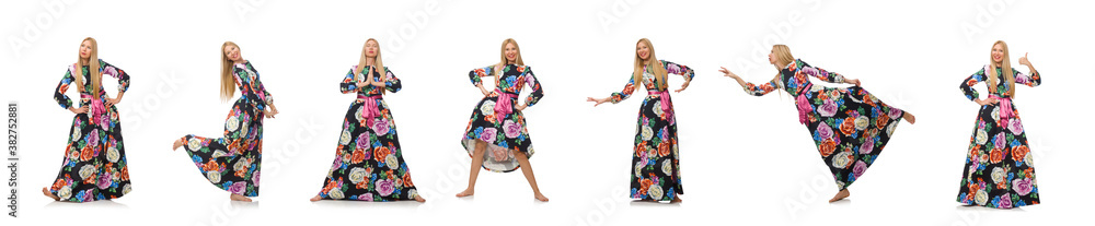 Girl in long flower dress isolated on white Girl in long flower dress isolated on white