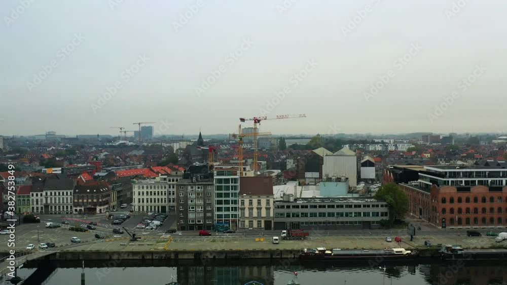 Aerial, pov, Gent cityscape on an overcast day, Belgium Aerial, pov, Gent cityscape on an overcast day, Belgium