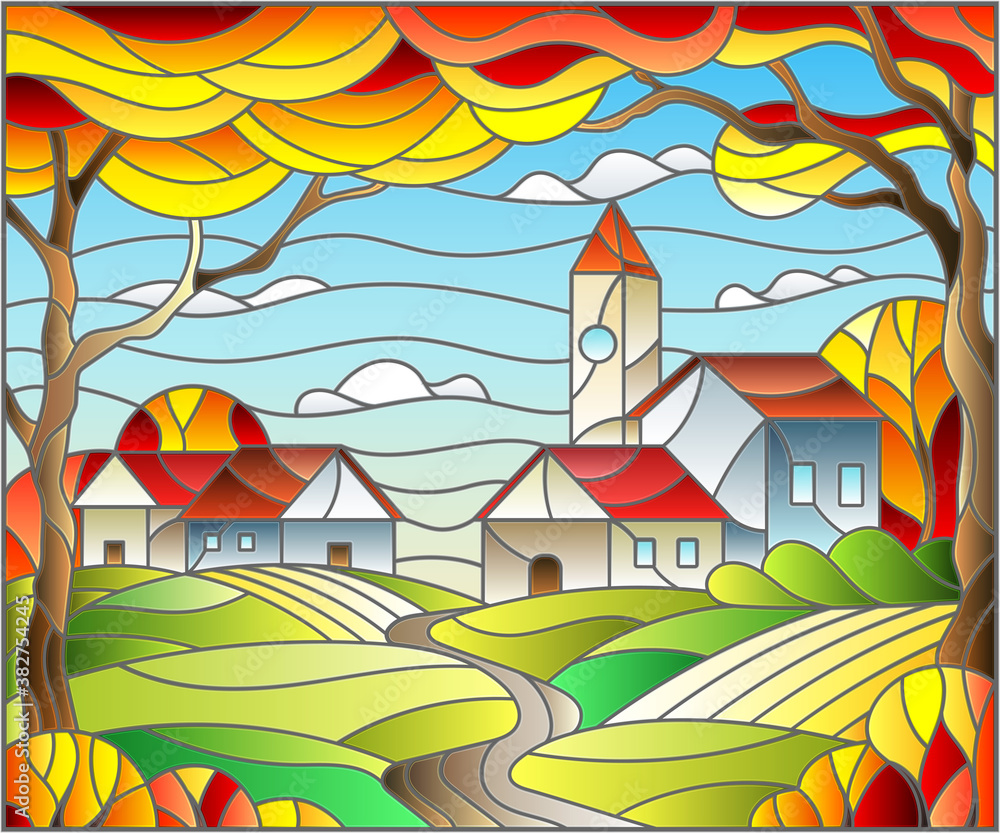 Illustration in stained glass style, urban autumn landscape,roofs and trees against the day sky and sun