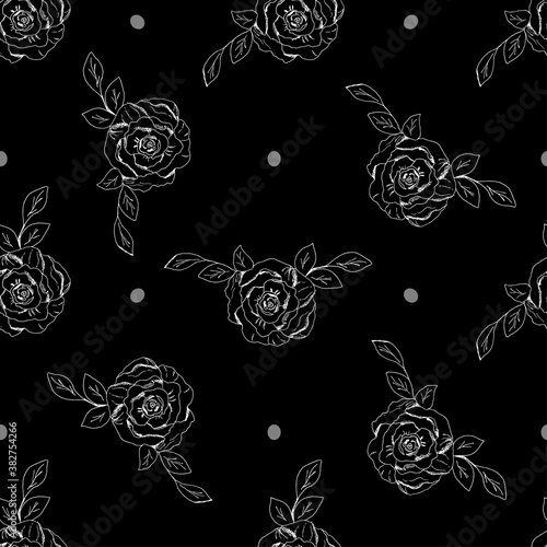 Wallpaper Mural Seamless floral pattern of white doodle flowers and dots on black. Vector repeating rose background for textile, fashion, wallpaper, print, cover, backdrop, banner, card, package design. Torontodigital.ca