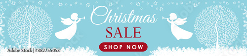 Christmas Sale Shop Now. A festive discount banner for shops, bright blue background with white angels and frozen trees in a frame of  delicate stars, 