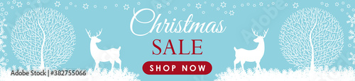Christmas banner discount - sale with winter landscape of frozen trees and deers on a bright blue background. Shop now button with a header calligraphy Christmas Sale, vector, illustration
