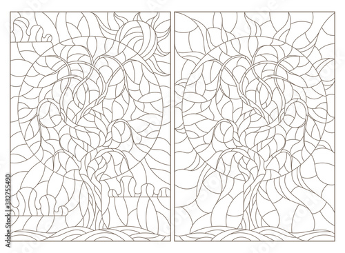 Set contour illustrations of stained glass with the image of the trees,dark outlines on a white background