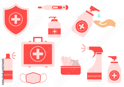 A set of medical antiseptics and means to protect against viruses and bacteria. Vector illustration.