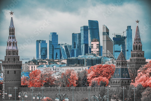 Canvas Print Infrared photo. Moscow city on the background of the Kremlin.