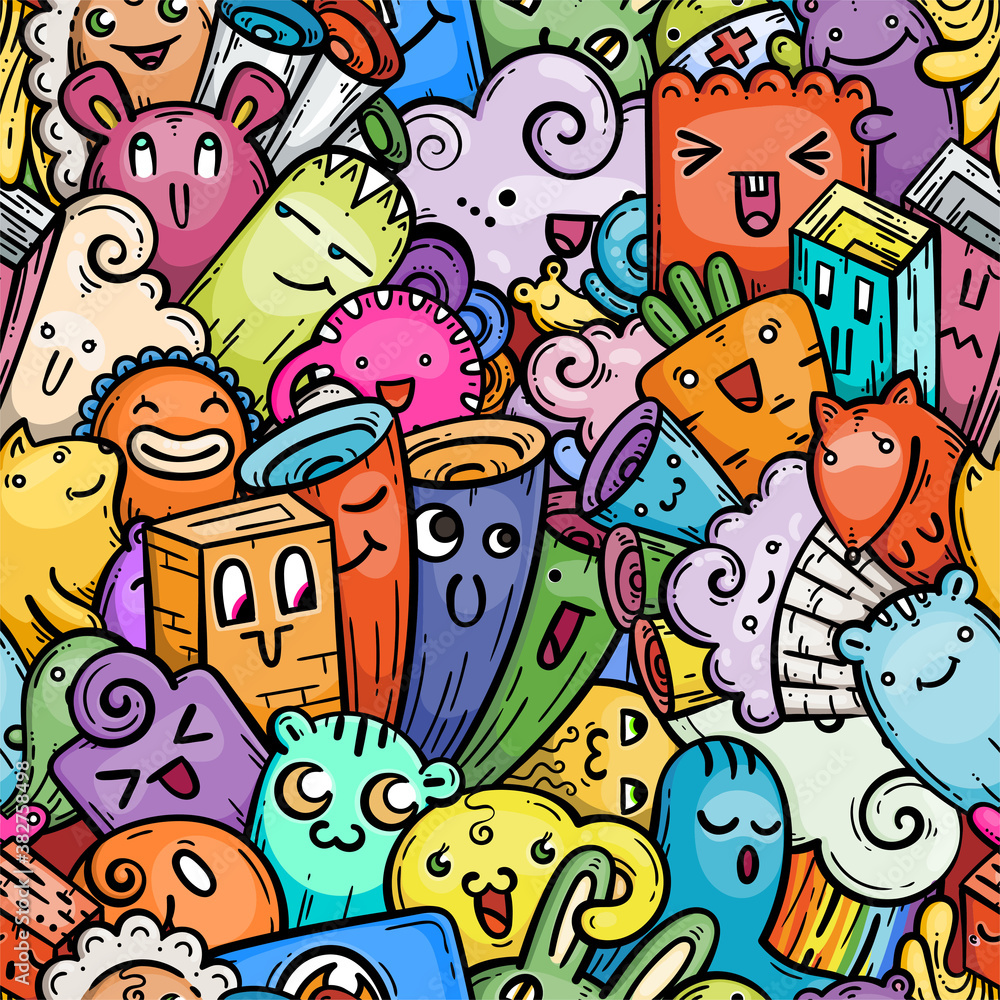 Fototapeta Kawaii doodle smiling monsters seamless pattern for child prints, designs and coloring books