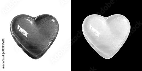 Glowing crystal black heart isolated on white background and white heart isolated on black background with clipping path. Balance of love and life concept.
