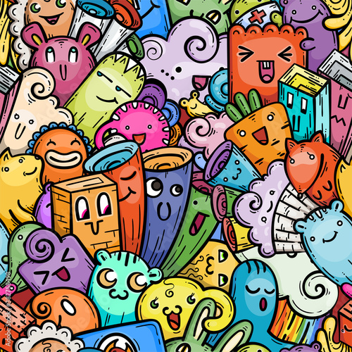 Kawaii doodle smiling monsters seamless pattern for child prints, designs and coloring books