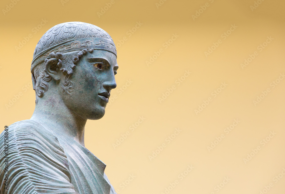 Charioteer of Delphi ancient statue, close up head detail