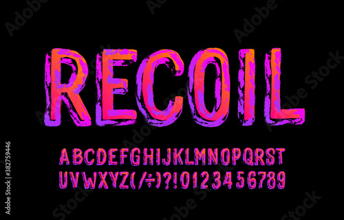 Recoil alphabet font. Messy grunge letters and numbers. Stock vector illustration for your Halloween typography.