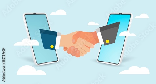 Vector illustratation of hand shake via two mobile phone. Cybersecurity of zero trust and verification concept. Secure connection.