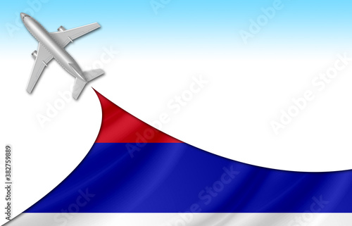 3d illustration plane with Republika Srpska flag background for business and travel design