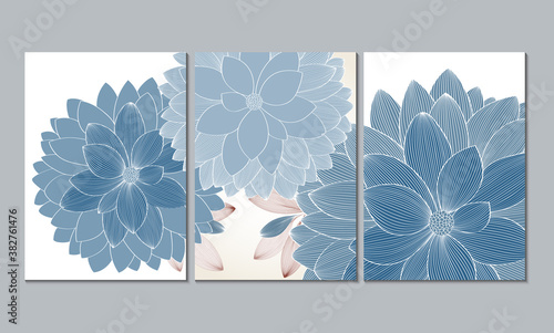 A set of three wall paintings, canvas for the living room. Poster element for interior design of a dining room, bedroom, office. Abstract floral background with dahlia flowers.Home decor of the walls