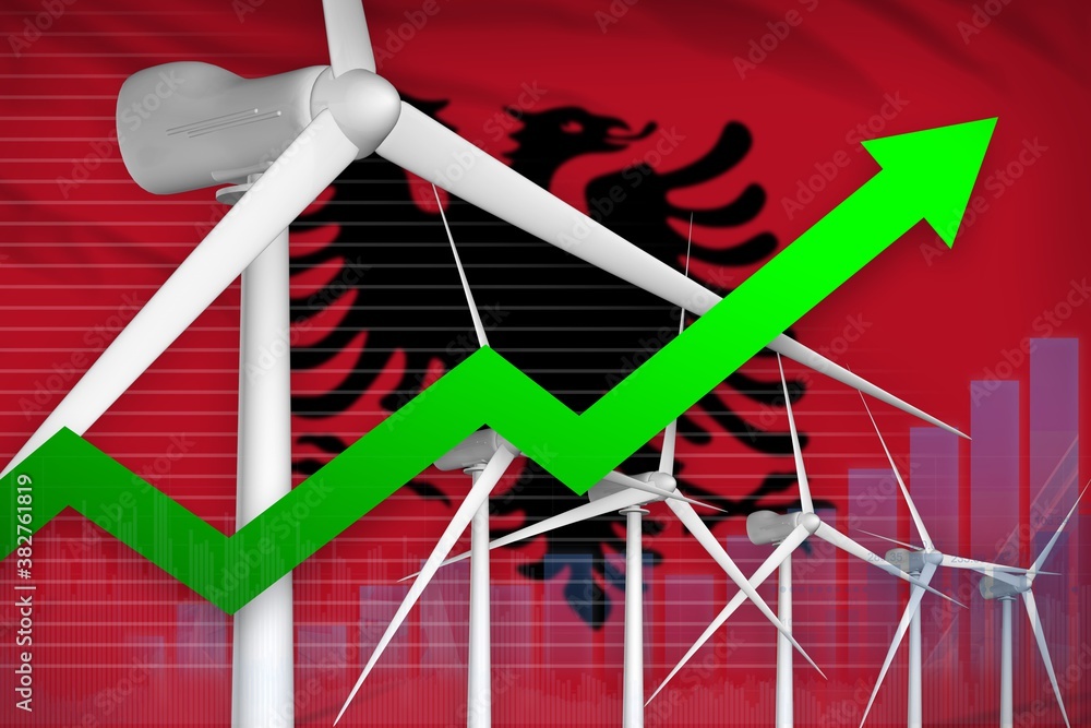 Fototapeta premium Albania wind energy power rising chart, arrow up - alternative natural energy industrial illustration. 3D Illustration