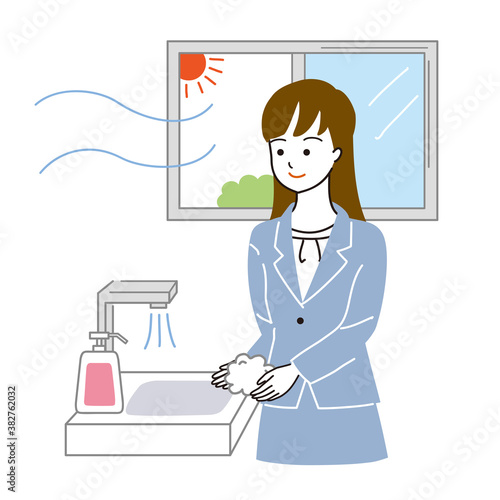 コロナ対策として換気をしながら手を洗う女性のベクターイラスト