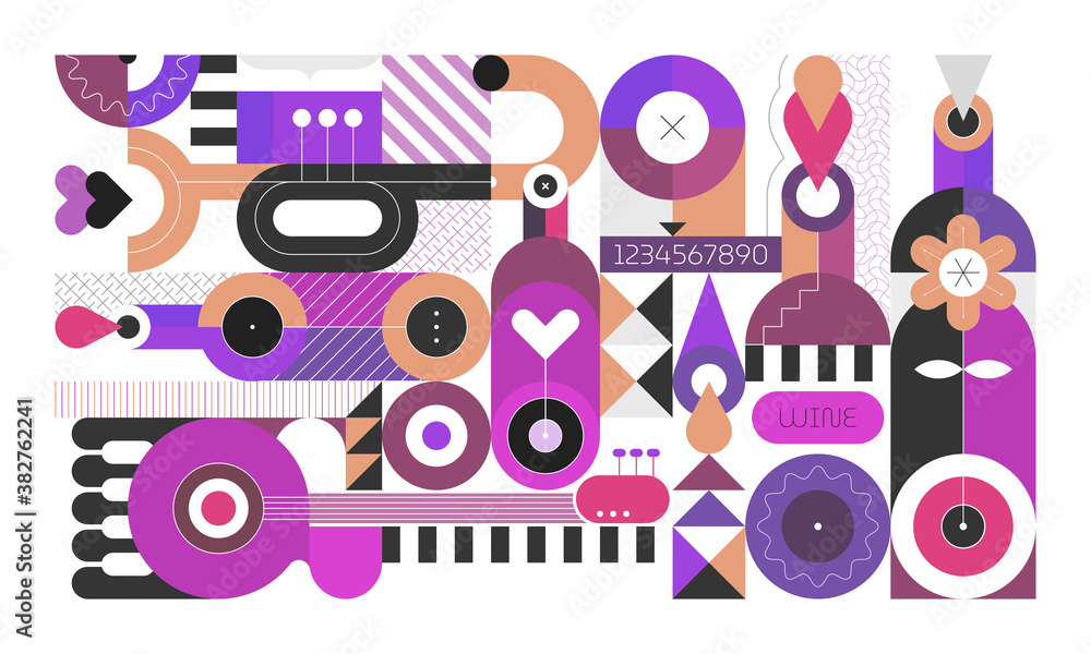 Obraz premium Love, Wine and Music. Abstract art design of wine bottles and music instruments isolated on a white background. Geometric style graphic illustration. 
