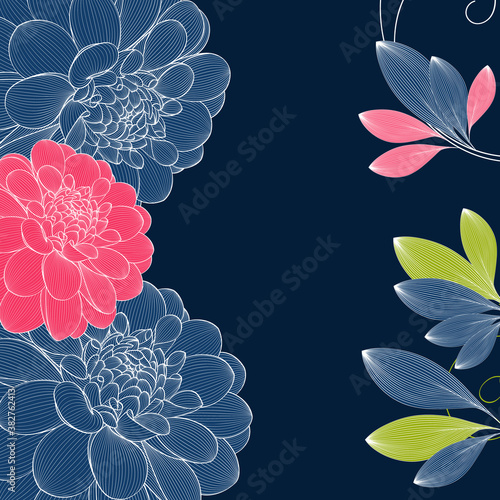 Floral background with blue dahlia flowers. Vector elements for wallpaper, wall decor, creativity, cards, invitations.