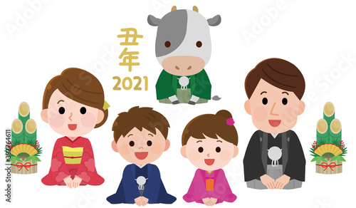 正月　着物であいさつする家族と牛　イラスト